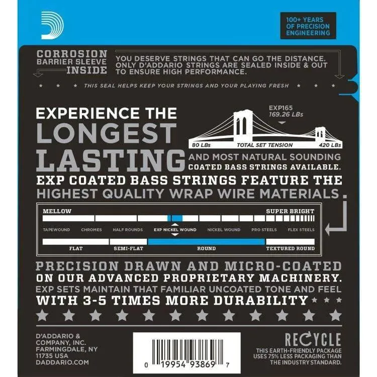 D'Addario EXP165 Set of 4 String Bass Coated Nickel 45 - 105 Gauge Long Scale