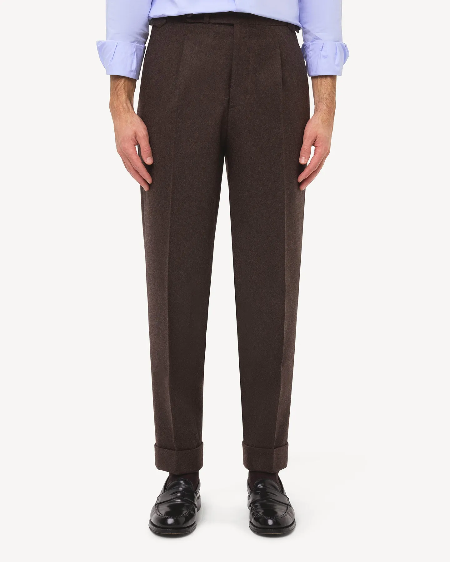 Dark Brown Single Pleat Flannel Trousers