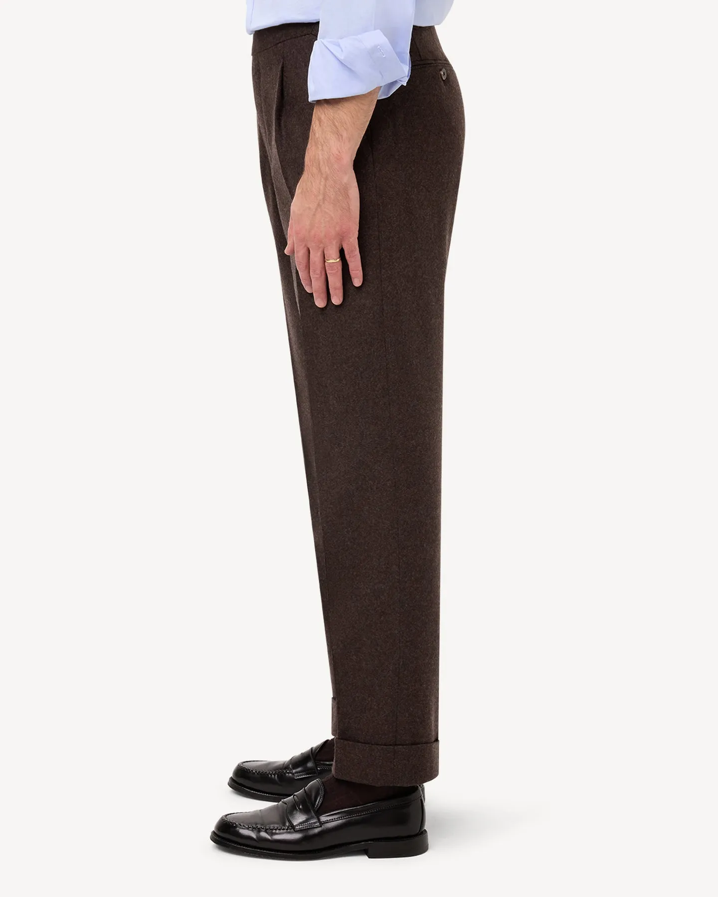 Dark Brown Single Pleat Flannel Trousers