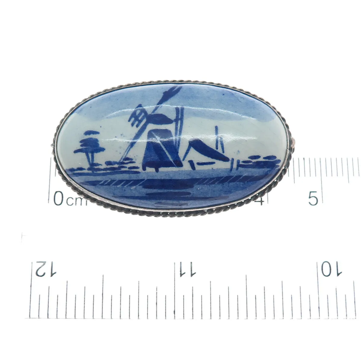 DELFT 925 Sterling Silver Vintage Dutch Ceramic Old Windmill Pin Brooch