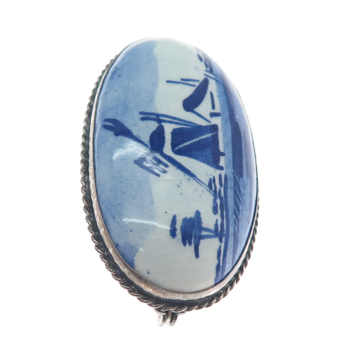 DELFT 925 Sterling Silver Vintage Dutch Ceramic Old Windmill Pin Brooch