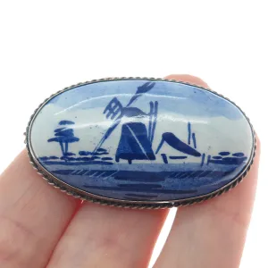 DELFT 925 Sterling Silver Vintage Dutch Ceramic Old Windmill Pin Brooch