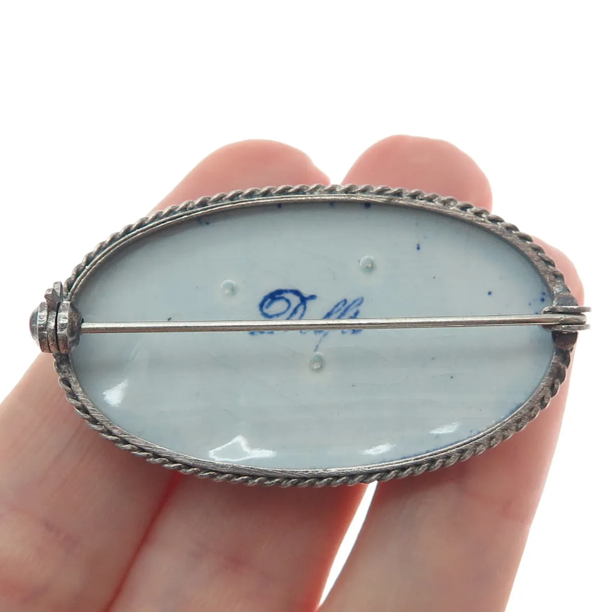 DELFT 925 Sterling Silver Vintage Dutch Ceramic Old Windmill Pin Brooch
