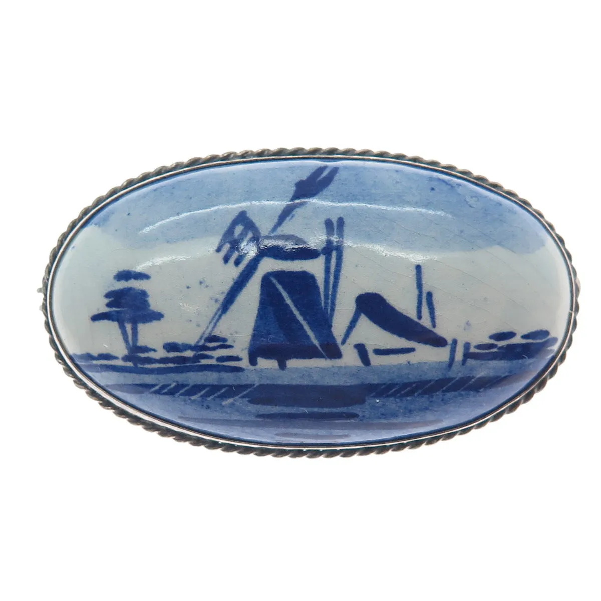 DELFT 925 Sterling Silver Vintage Dutch Ceramic Old Windmill Pin Brooch