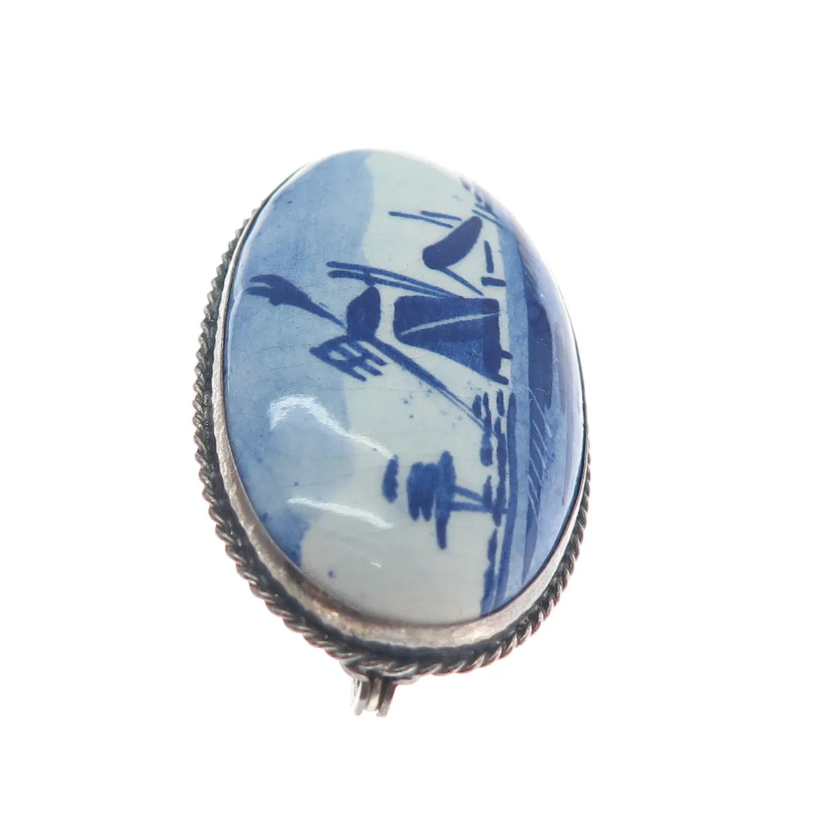 DELFT 925 Sterling Silver Vintage Dutch Ceramic Old Windmill Pin Brooch