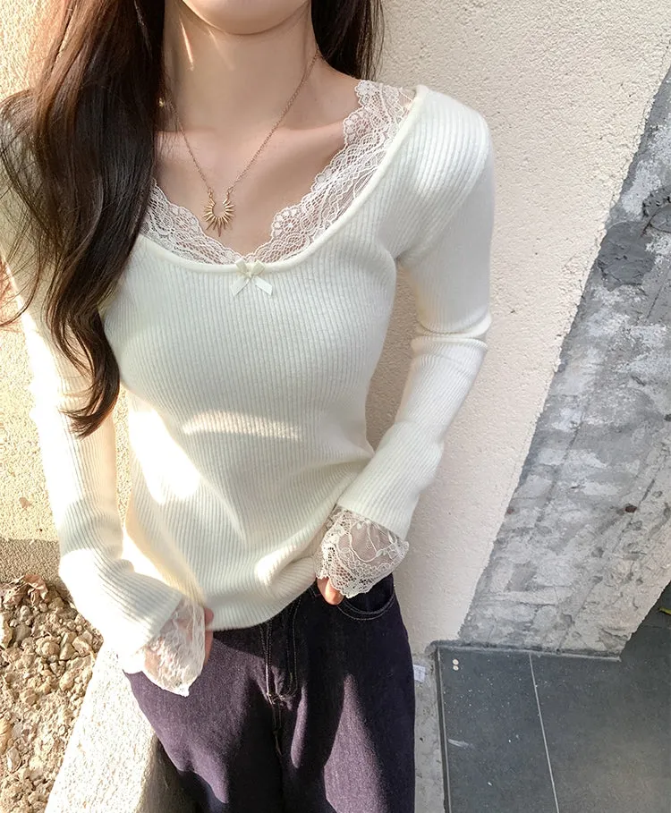Delicate Lace Patchwork Fitted Knit Top