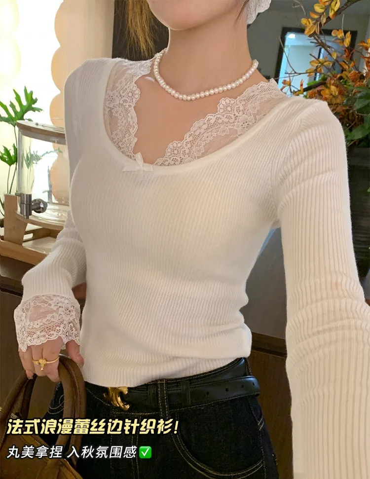 Delicate Lace Patchwork Fitted Knit Top