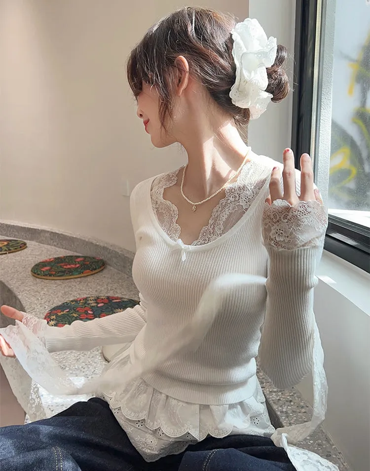 Delicate Lace Patchwork Fitted Knit Top