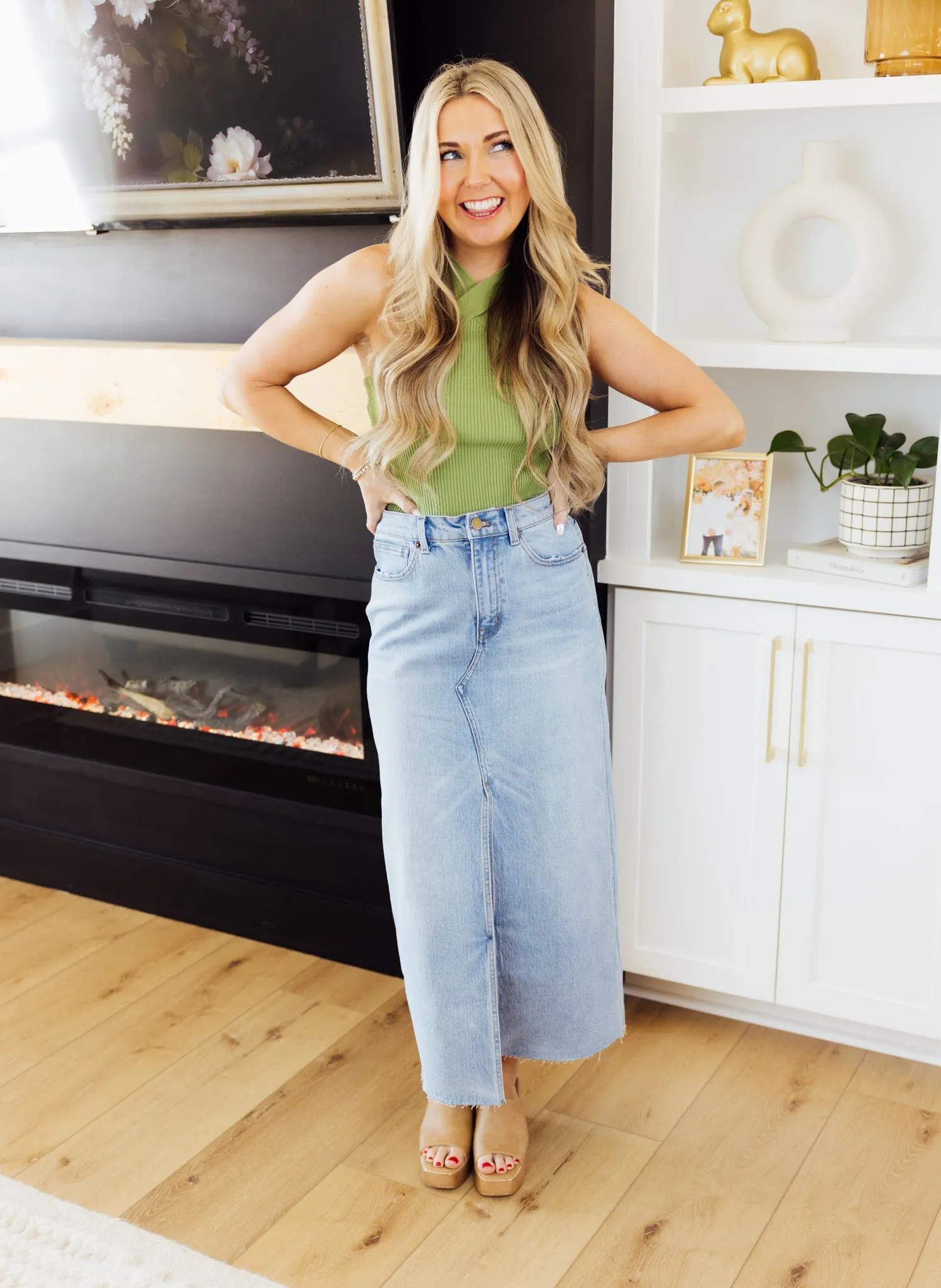 Denim Slit Front Skirt