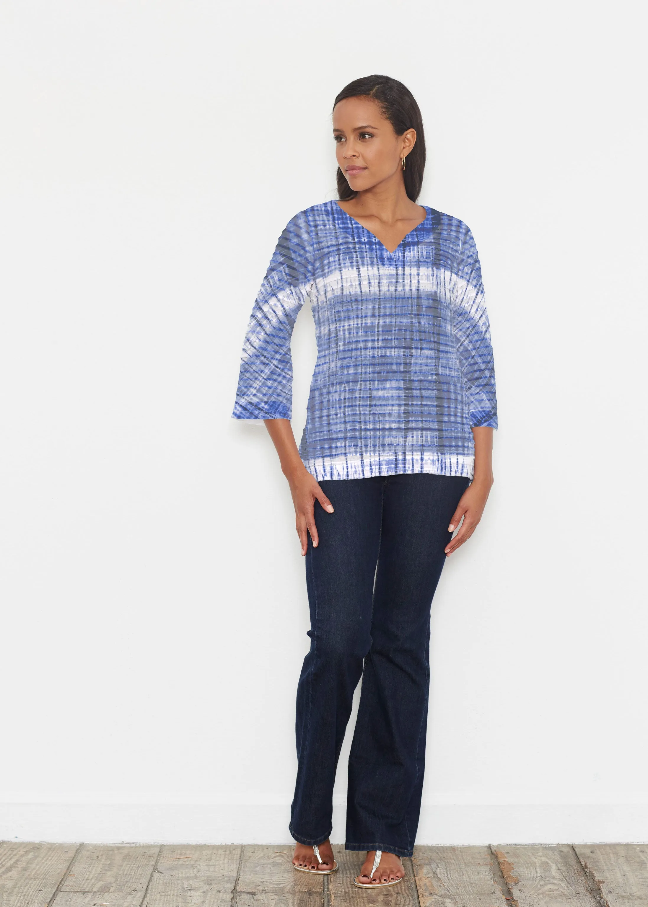 Denim Tie Dye (14230) ~ Banded 3/4 Bell-Sleeve V-Neck Tunic