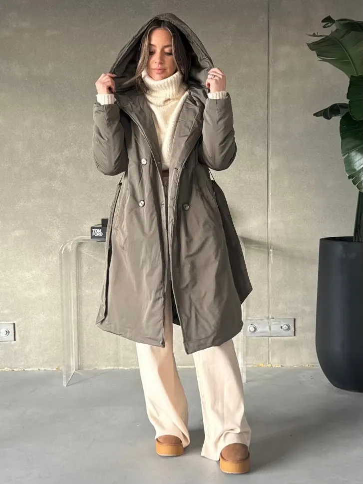 DEX Belted Puffer Hooded Trench Coat
