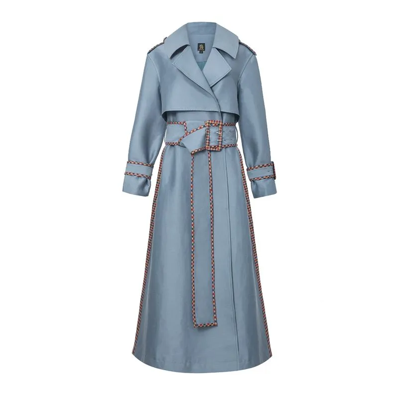 Double Breasted Belted Gingham Panel Trench Coat
