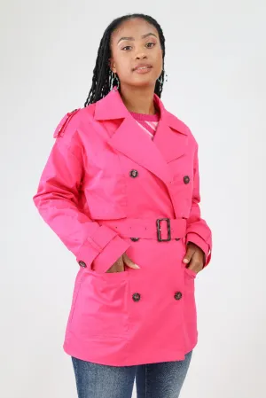 Double Breasted Belted Short Trench Coat - Fuchsia