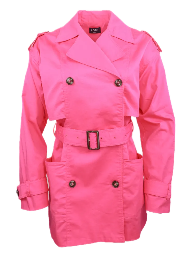 Double Breasted Belted Short Trench Coat - Fuchsia