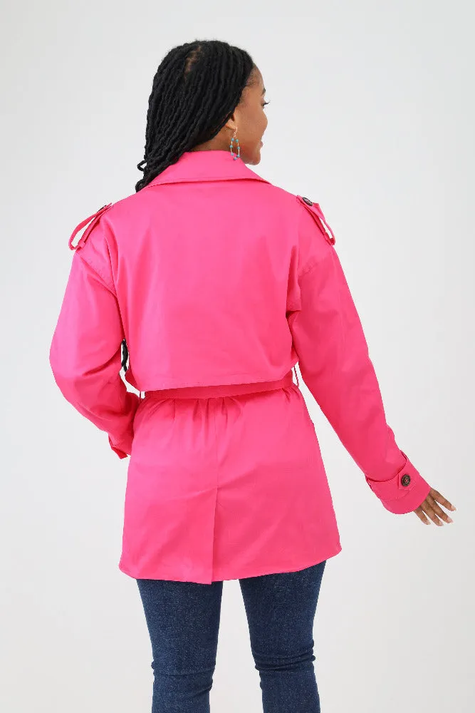 Double Breasted Belted Short Trench Coat - Fuchsia
