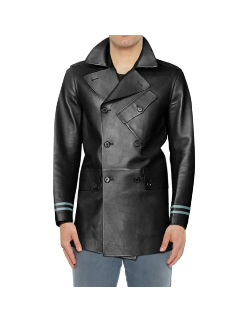 Double Breasted Leather Coat with Stripes for Men