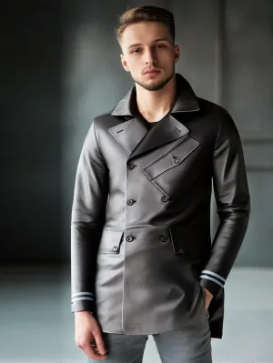 Double Breasted Leather Coat with Stripes for Men