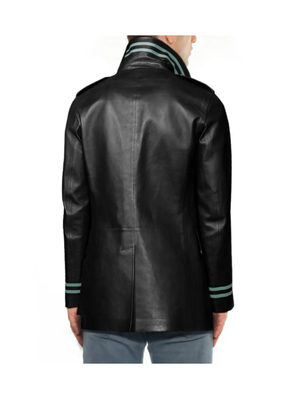 Double Breasted Leather Coat with Stripes for Men