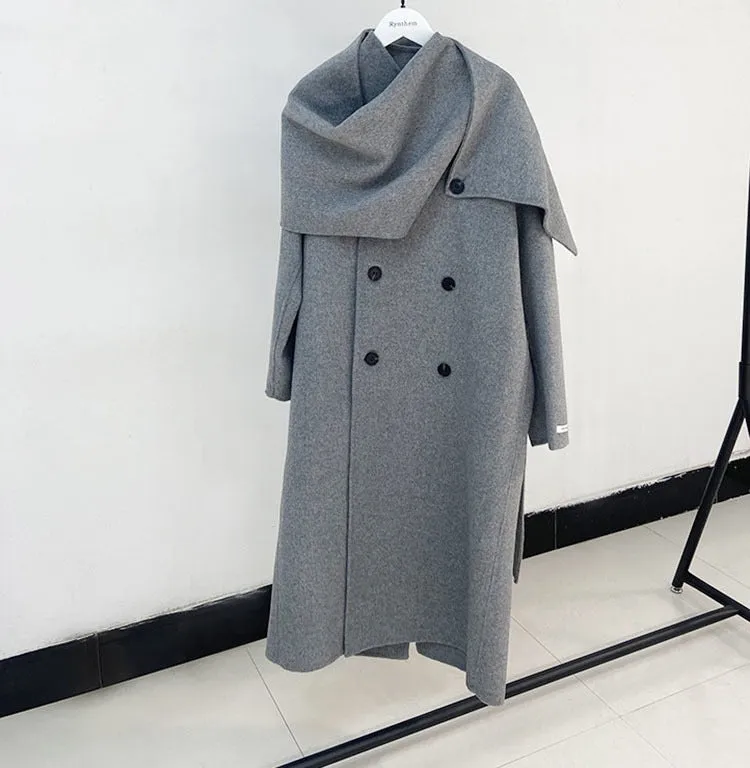 Double-breasted Solid Double-sided Woolen  Shawl Scarf Collar Coat