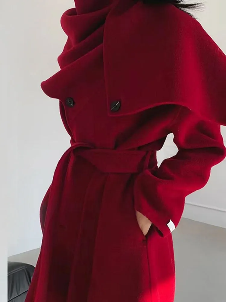 Double-breasted Solid Double-sided Woolen  Shawl Scarf Collar Coat