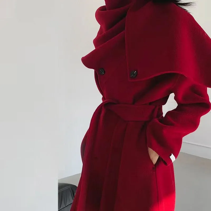 Double-breasted Solid Double-sided Woolen  Shawl Scarf Collar Coat