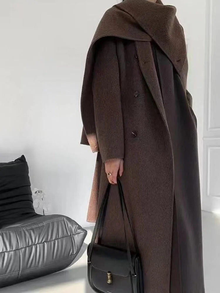 Double-breasted Solid Double-sided Woolen  Shawl Scarf Collar Coat