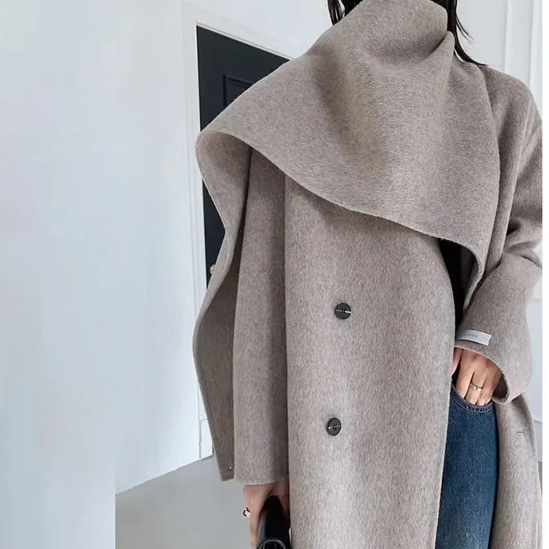 Double-breasted Solid Double-sided Woolen  Shawl Scarf Collar Coat
