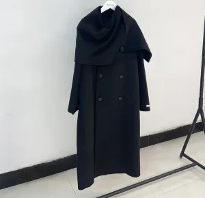 Double-breasted Solid Double-sided Woolen  Shawl Scarf Collar Coat
