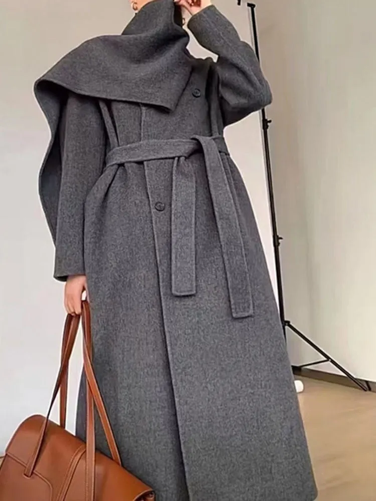 Double-breasted Solid Double-sided Woolen  Shawl Scarf Collar Coat