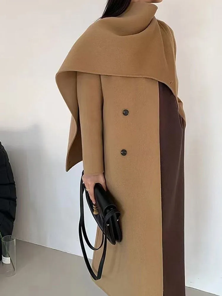 Double-breasted Solid Double-sided Woolen  Shawl Scarf Collar Coat