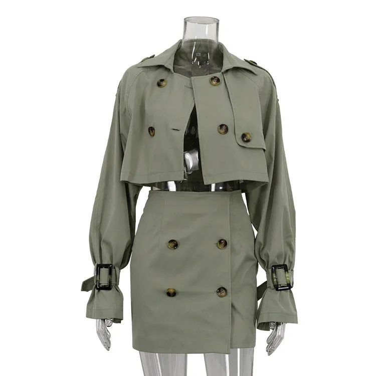 Double Breasted Trench Style Top and Skirt Set