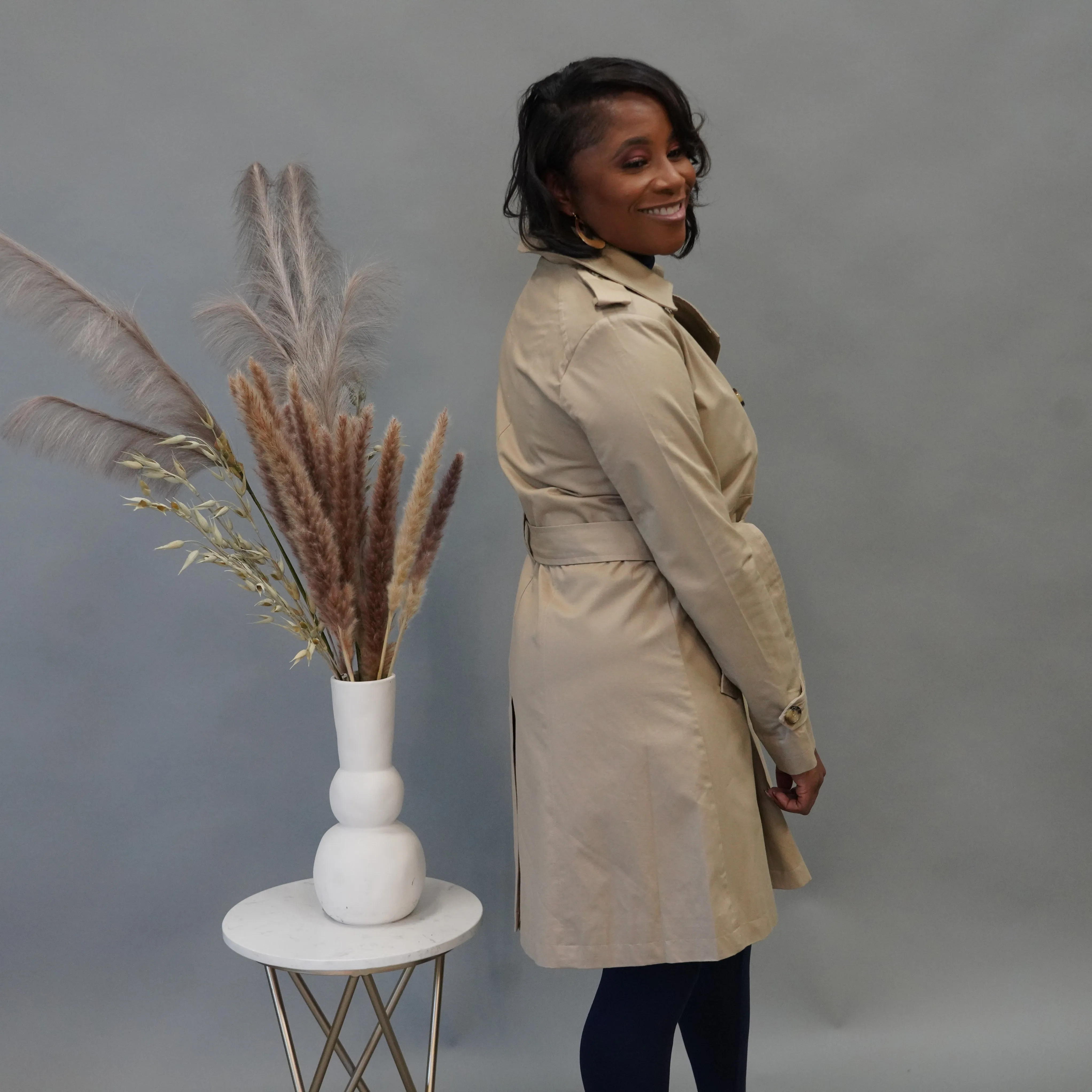 Doubled Breasted Thigh Length Trench Coat