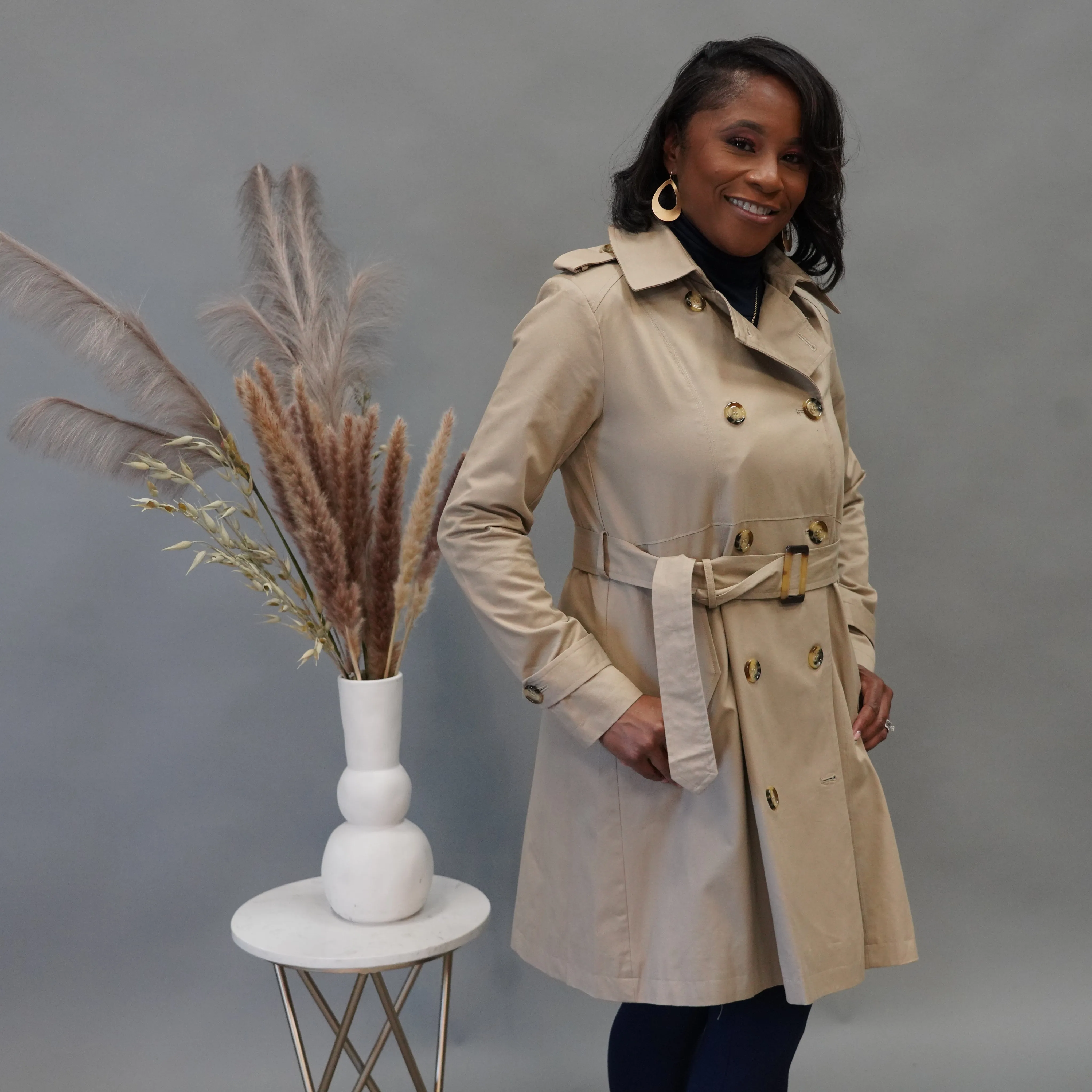 Doubled Breasted Thigh Length Trench Coat