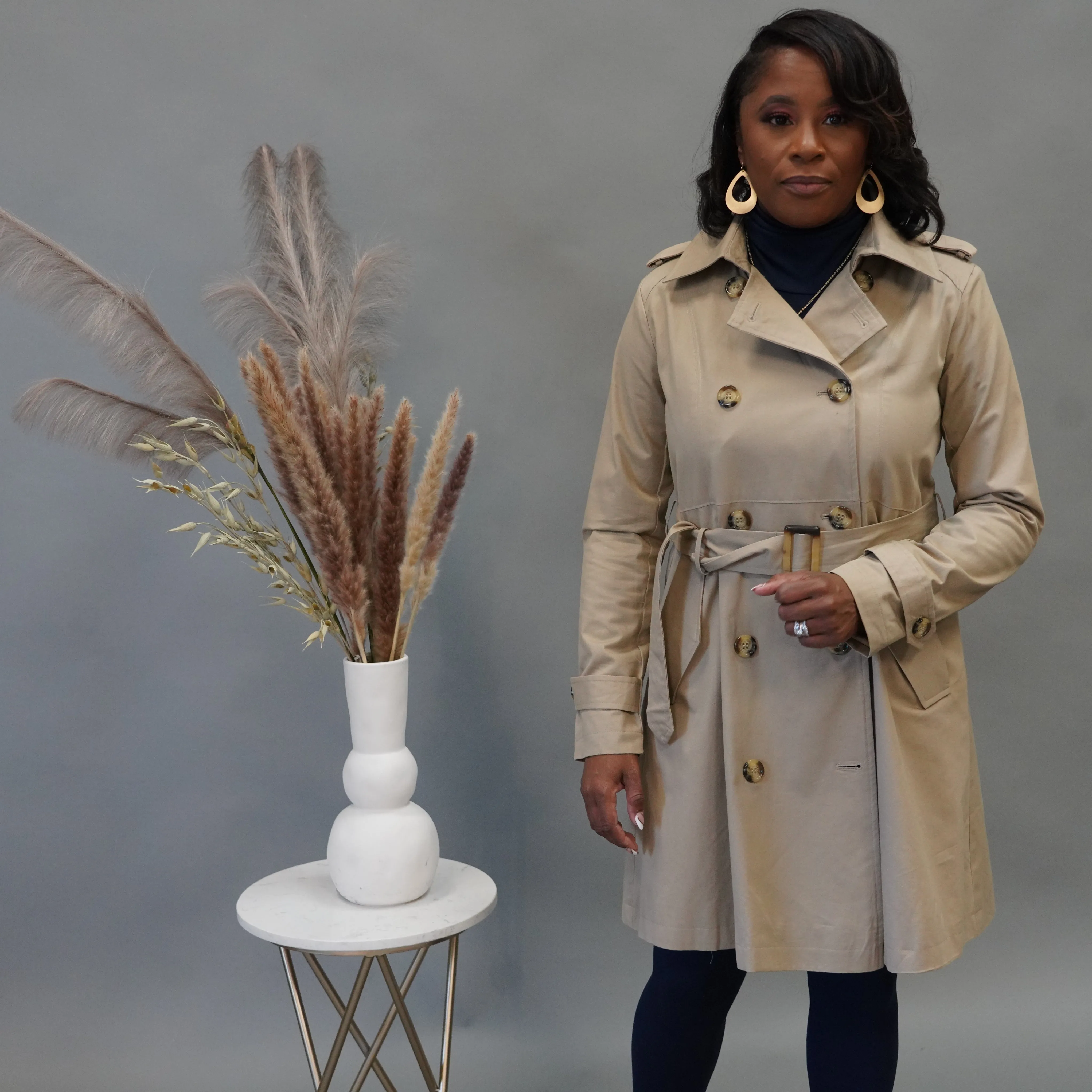 Doubled Breasted Thigh Length Trench Coat