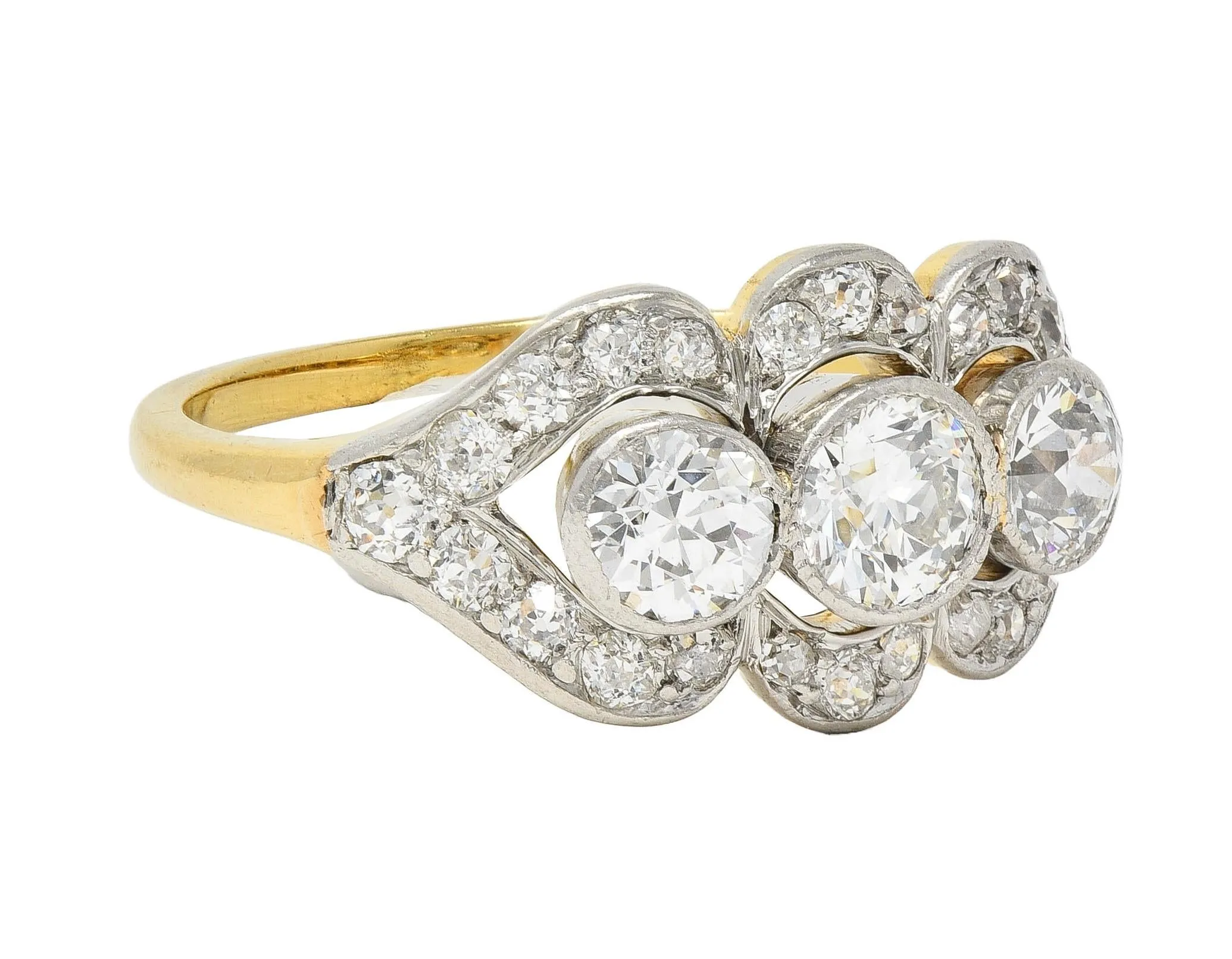 Edwardian 1.45 CTW Diamond Platinum 14 Karat Yellow Gold Antique Three Stone Dinner Ring