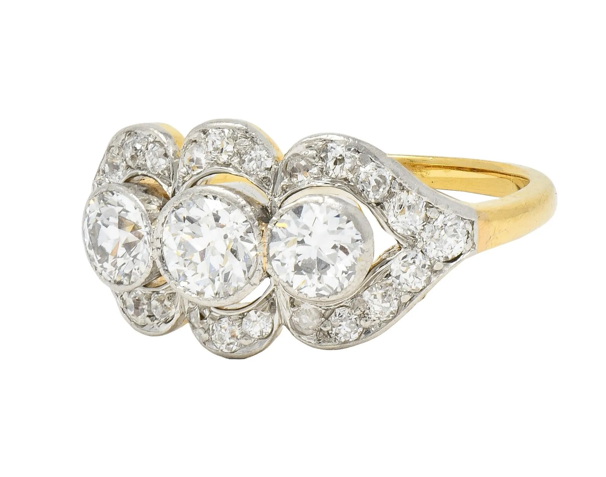 Edwardian 1.45 CTW Diamond Platinum 14 Karat Yellow Gold Antique Three Stone Dinner Ring