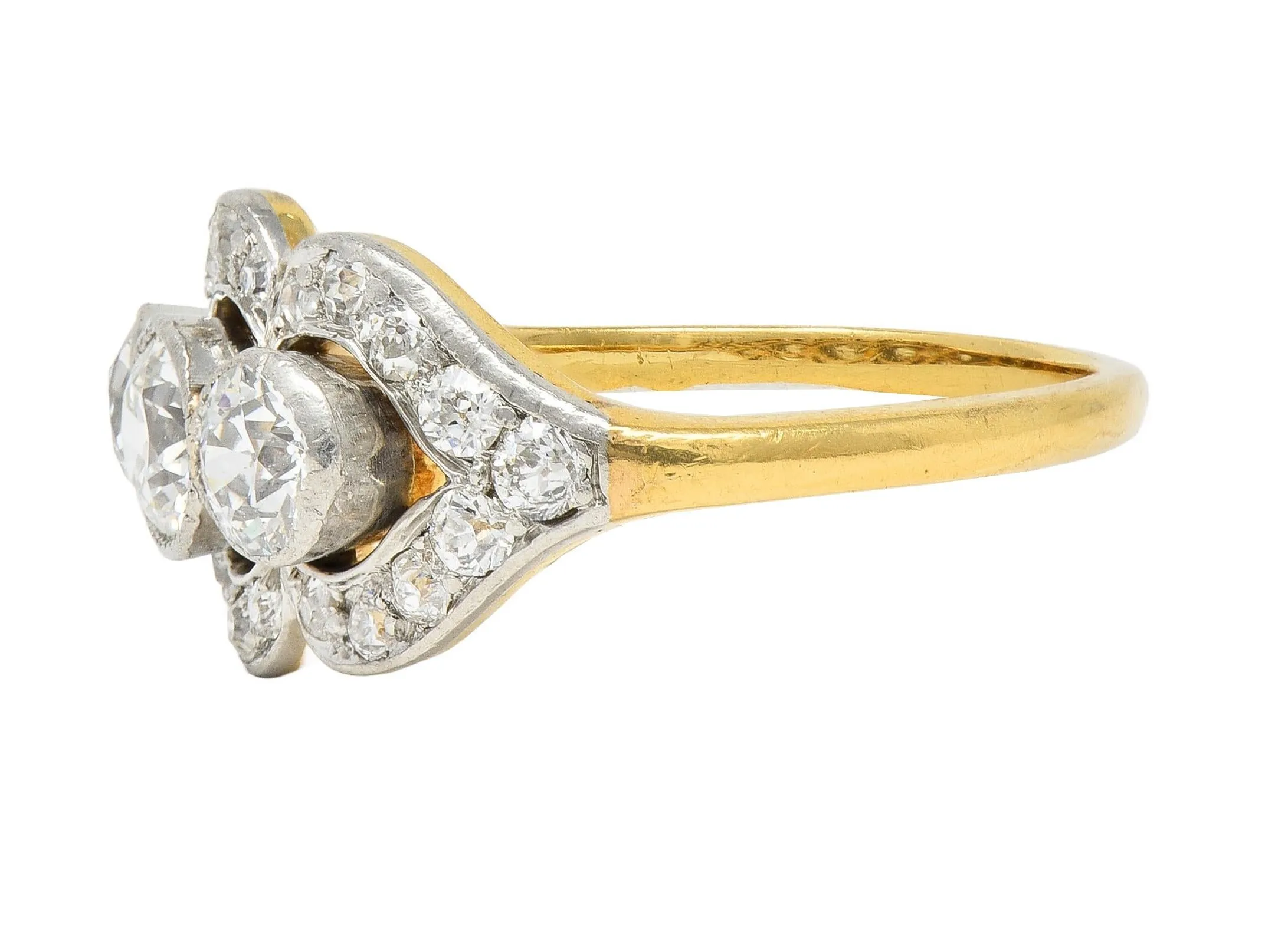 Edwardian 1.45 CTW Diamond Platinum 14 Karat Yellow Gold Antique Three Stone Dinner Ring