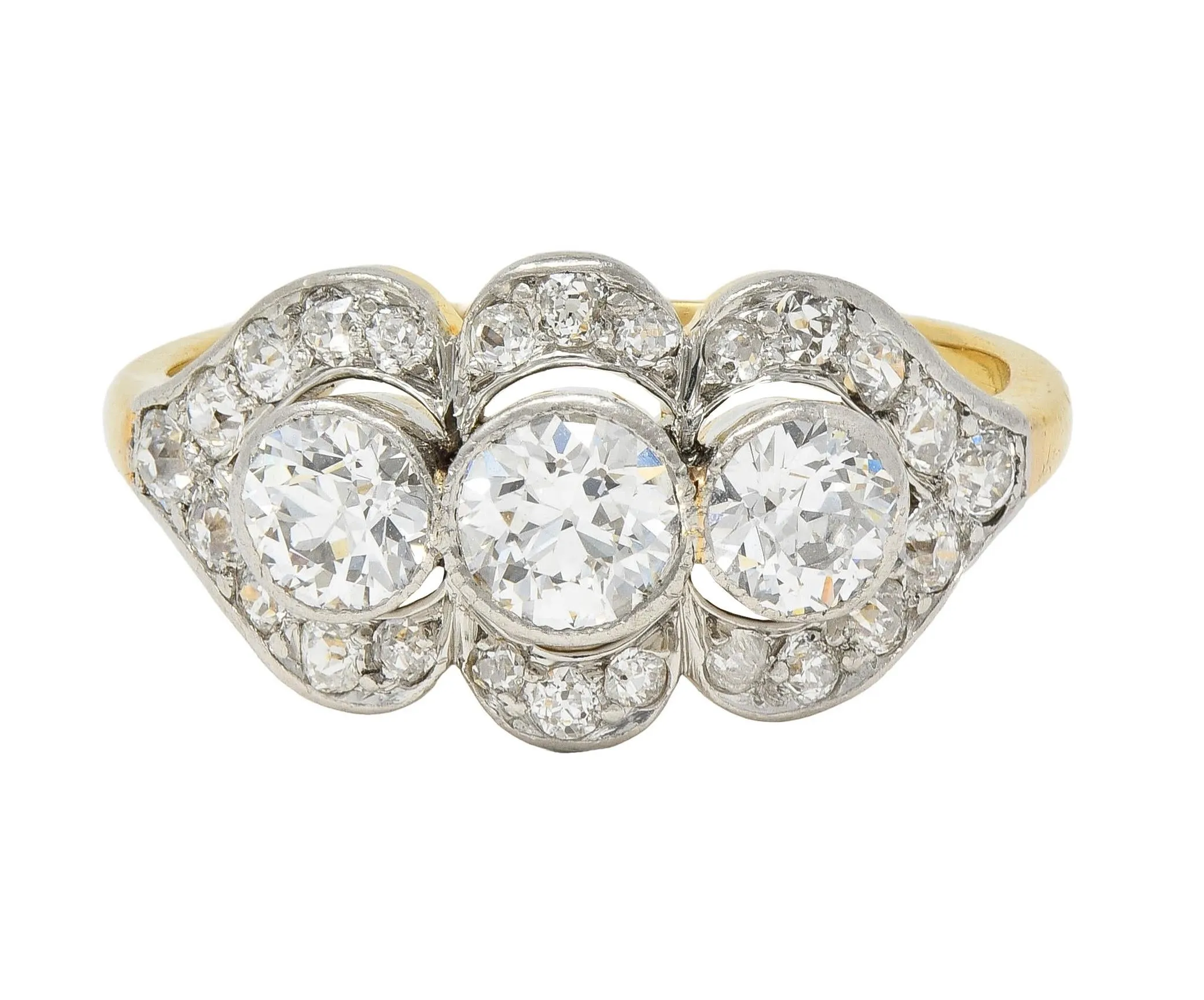 Edwardian 1.45 CTW Diamond Platinum 14 Karat Yellow Gold Antique Three Stone Dinner Ring