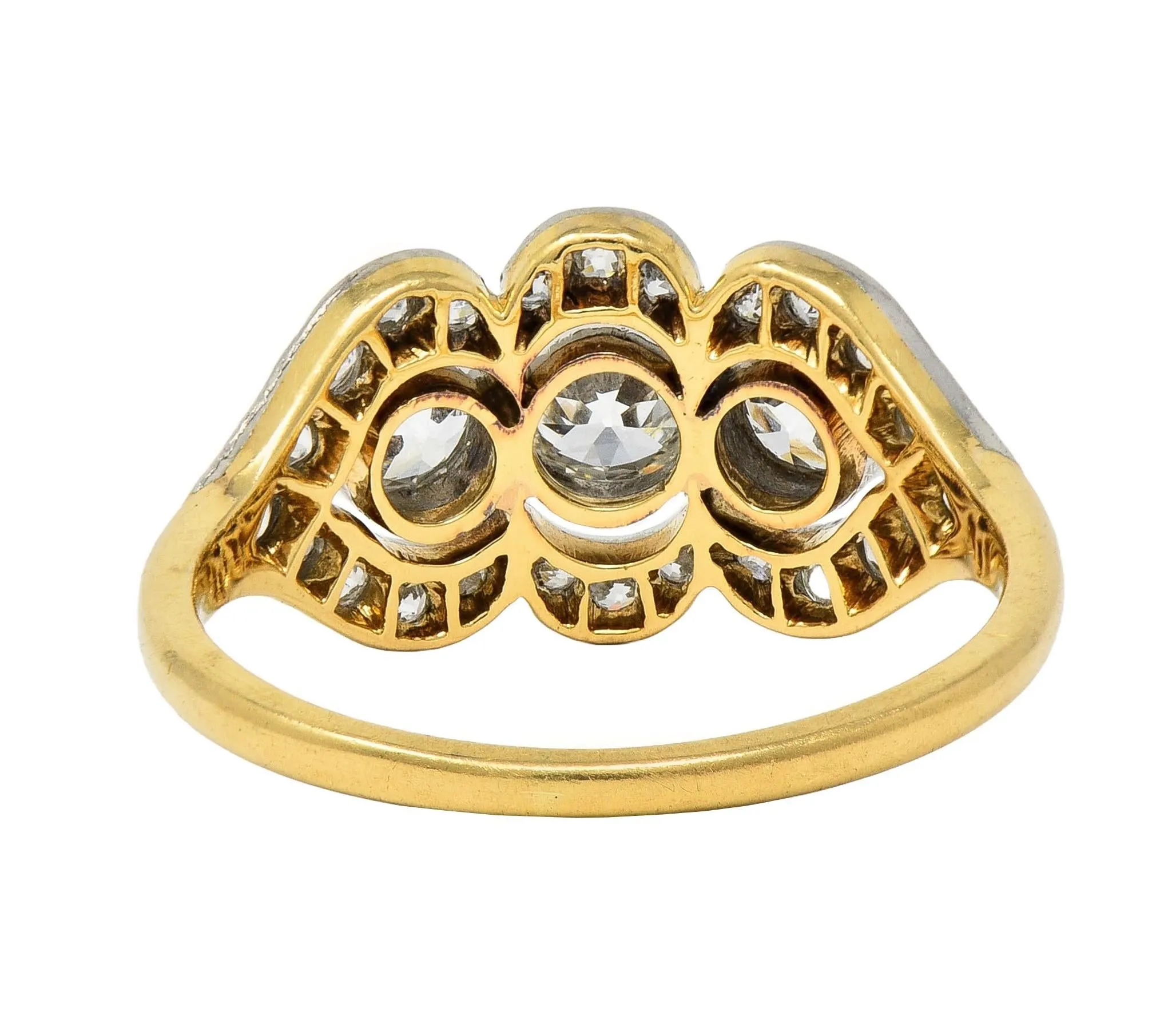 Edwardian 1.45 CTW Diamond Platinum 14 Karat Yellow Gold Antique Three Stone Dinner Ring
