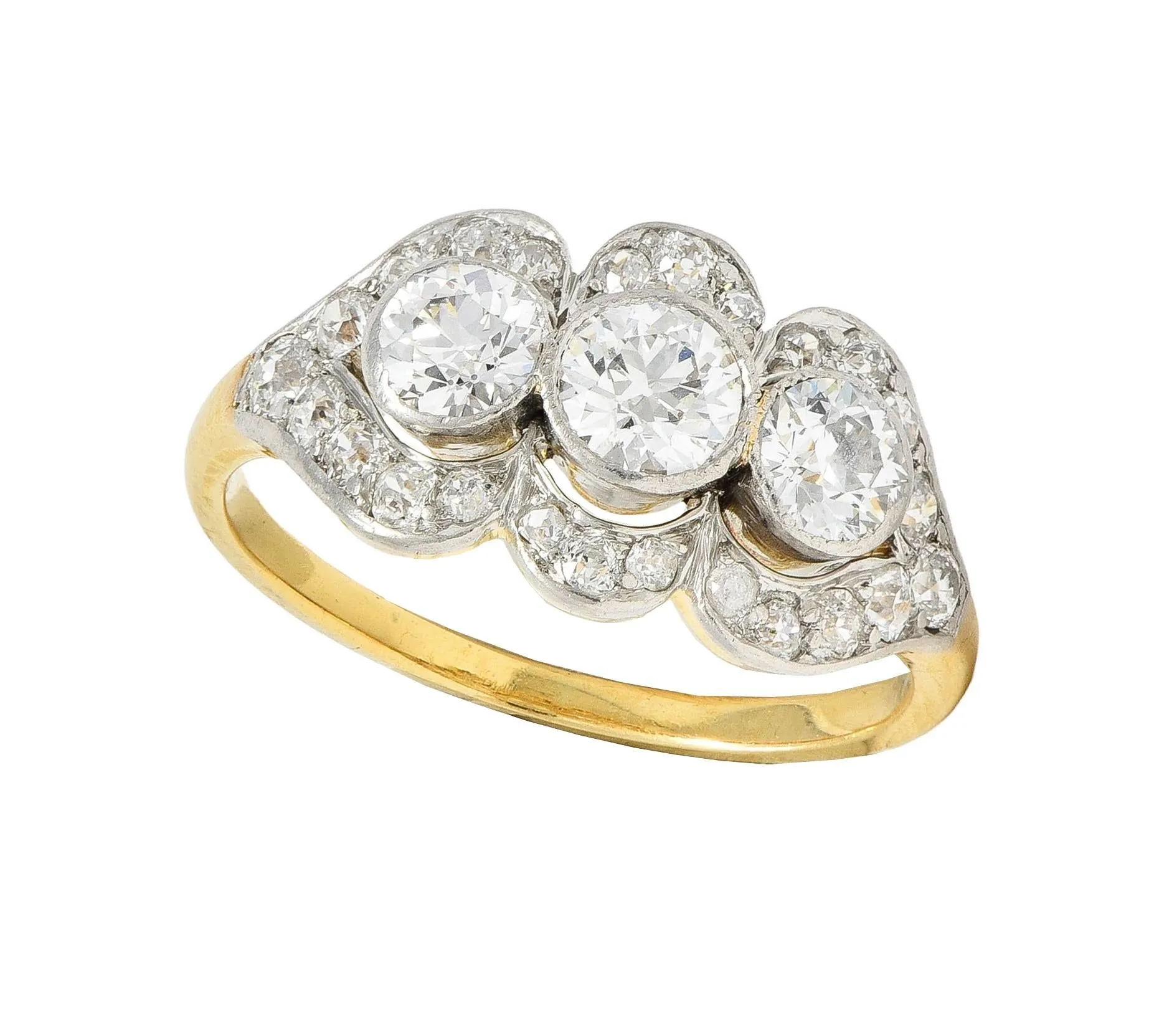Edwardian 1.45 CTW Diamond Platinum 14 Karat Yellow Gold Antique Three Stone Dinner Ring
