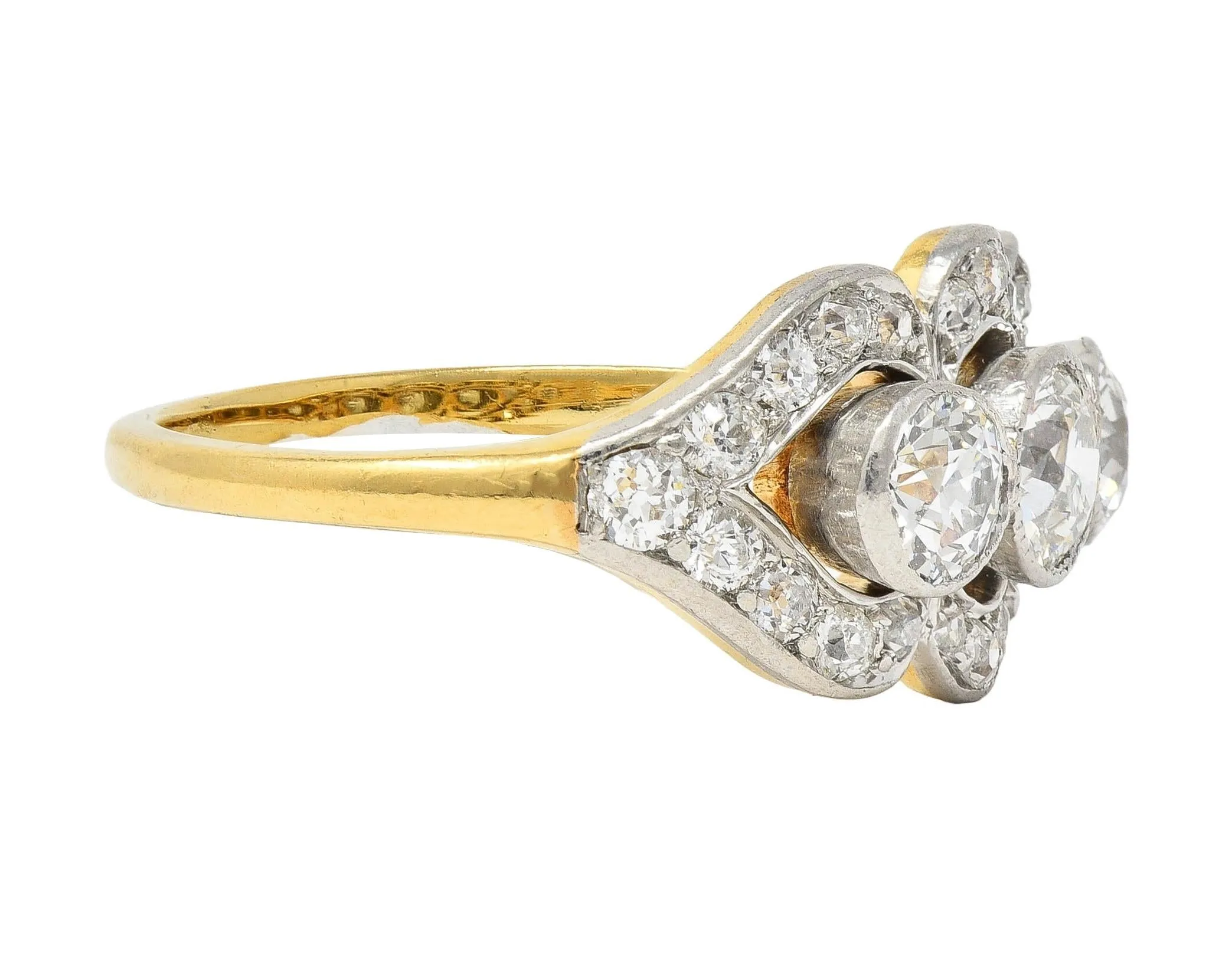 Edwardian 1.45 CTW Diamond Platinum 14 Karat Yellow Gold Antique Three Stone Dinner Ring