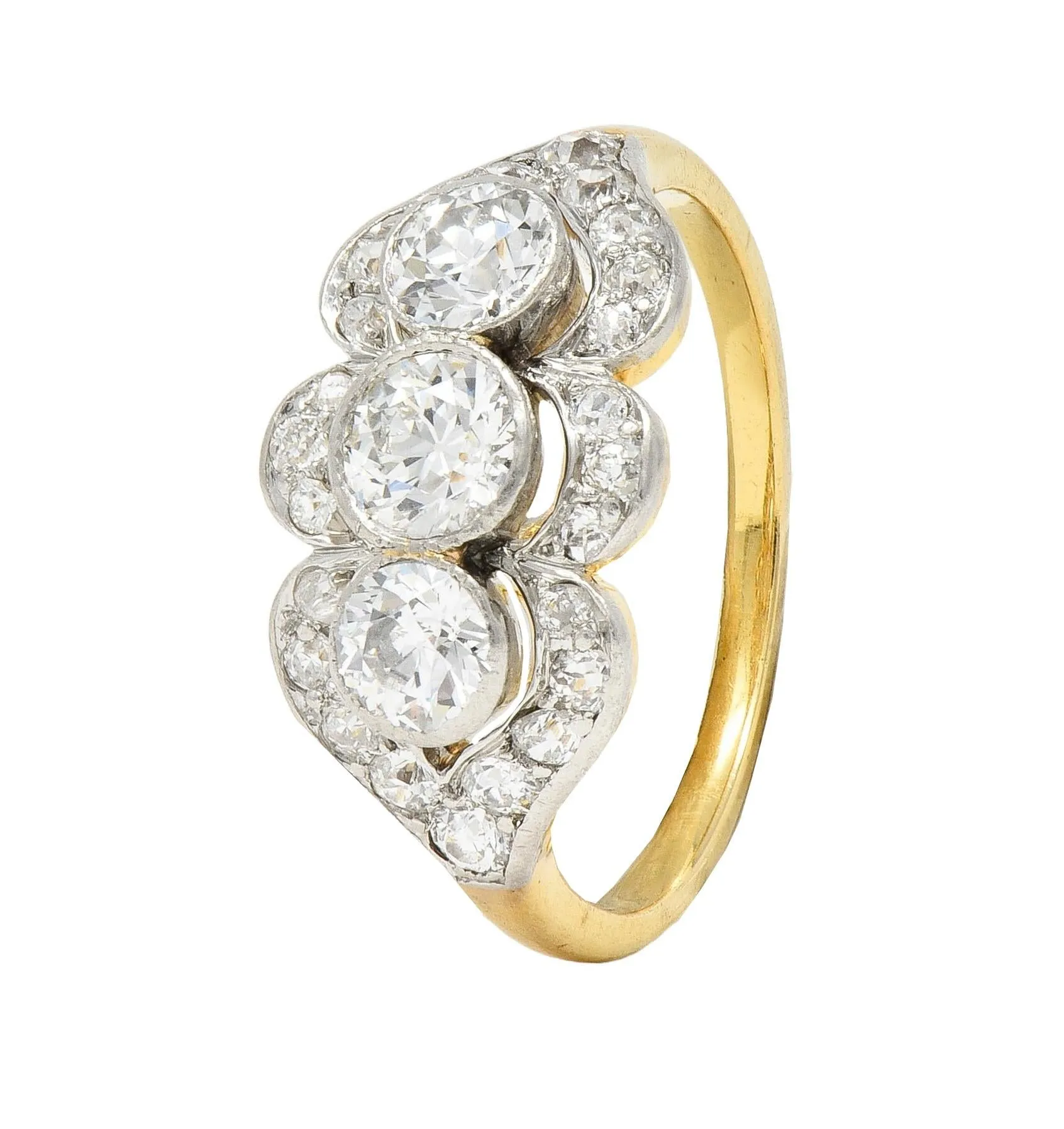 Edwardian 1.45 CTW Diamond Platinum 14 Karat Yellow Gold Antique Three Stone Dinner Ring