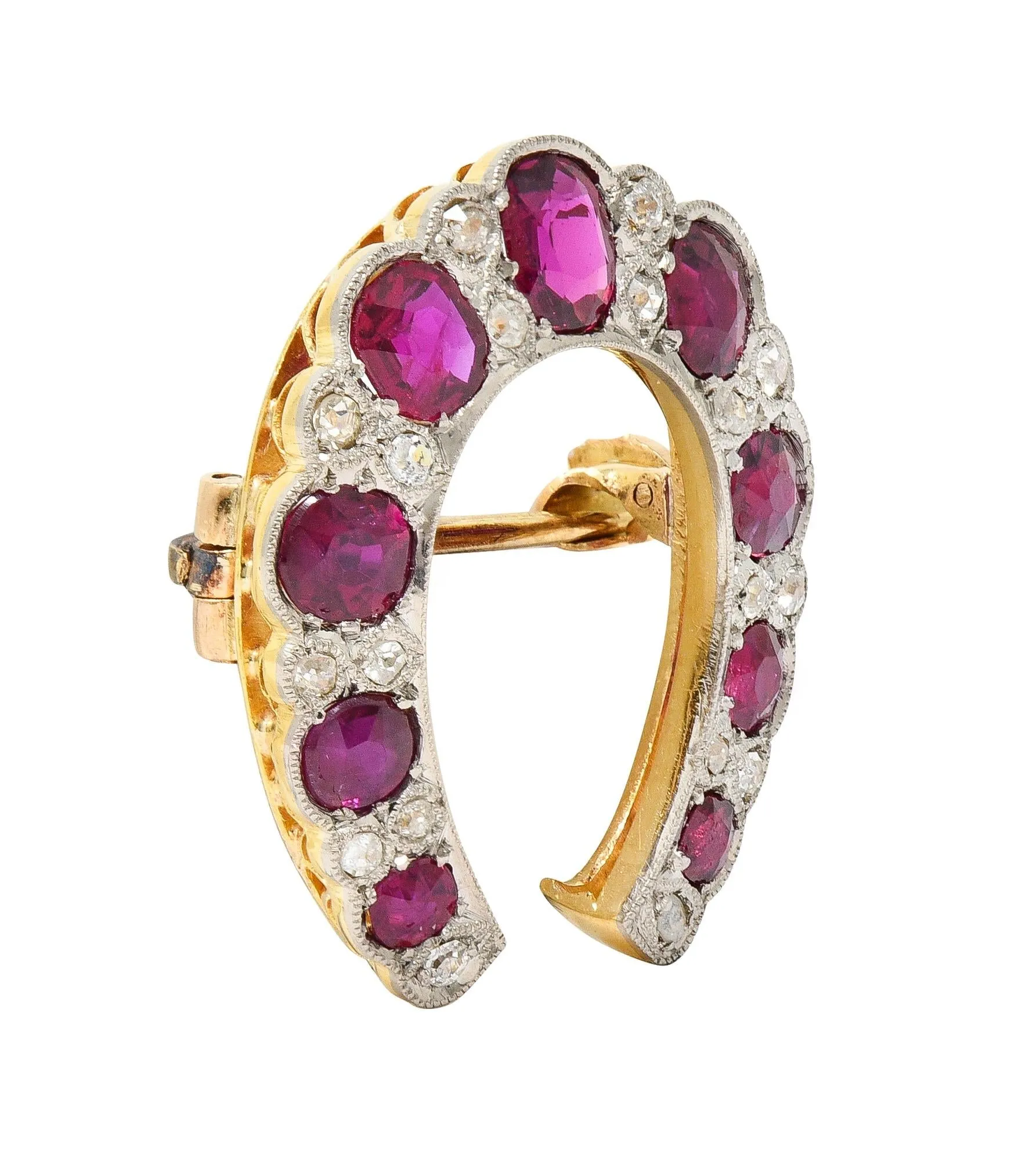 Edwardian 2.66 CTW Ruby Diamond Platinum-Topped 18 Karat Gold Antique Horseshoe Pendant Brooch
