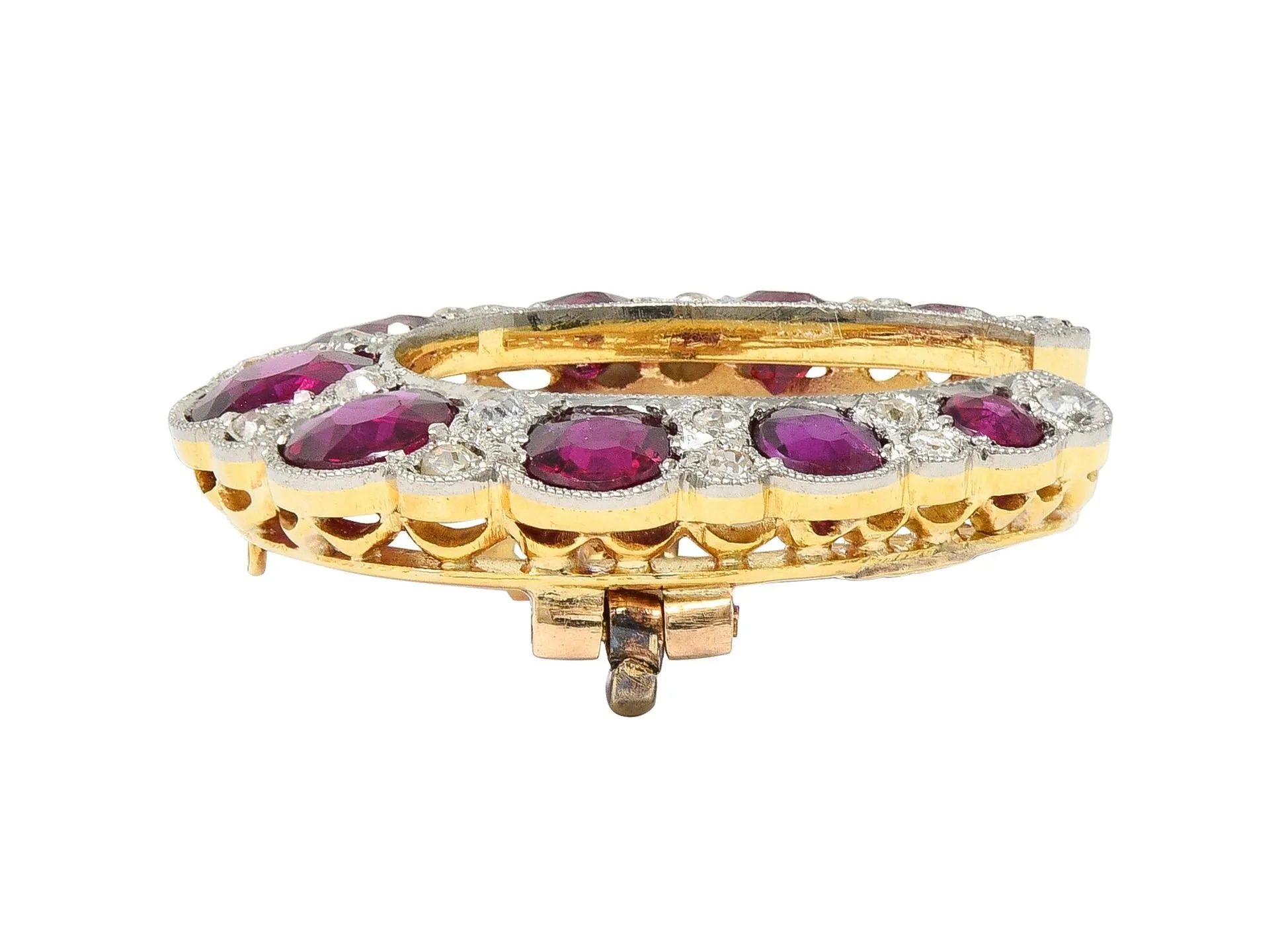 Edwardian 2.66 CTW Ruby Diamond Platinum-Topped 18 Karat Gold Antique Horseshoe Pendant Brooch