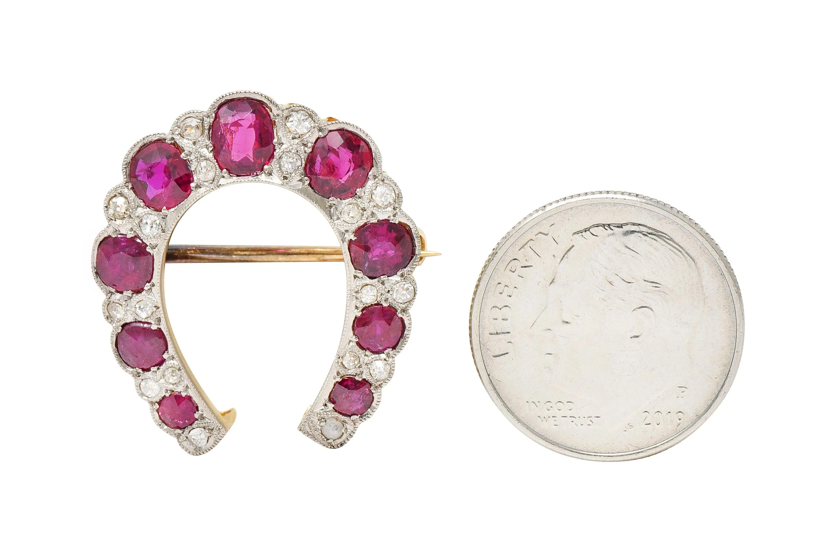 Edwardian 2.66 CTW Ruby Diamond Platinum-Topped 18 Karat Gold Antique Horseshoe Pendant Brooch