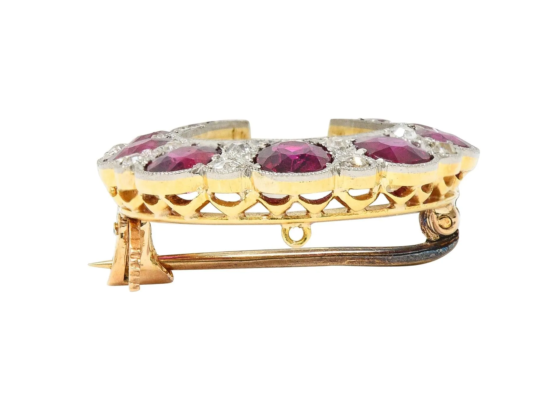 Edwardian 2.66 CTW Ruby Diamond Platinum-Topped 18 Karat Gold Antique Horseshoe Pendant Brooch
