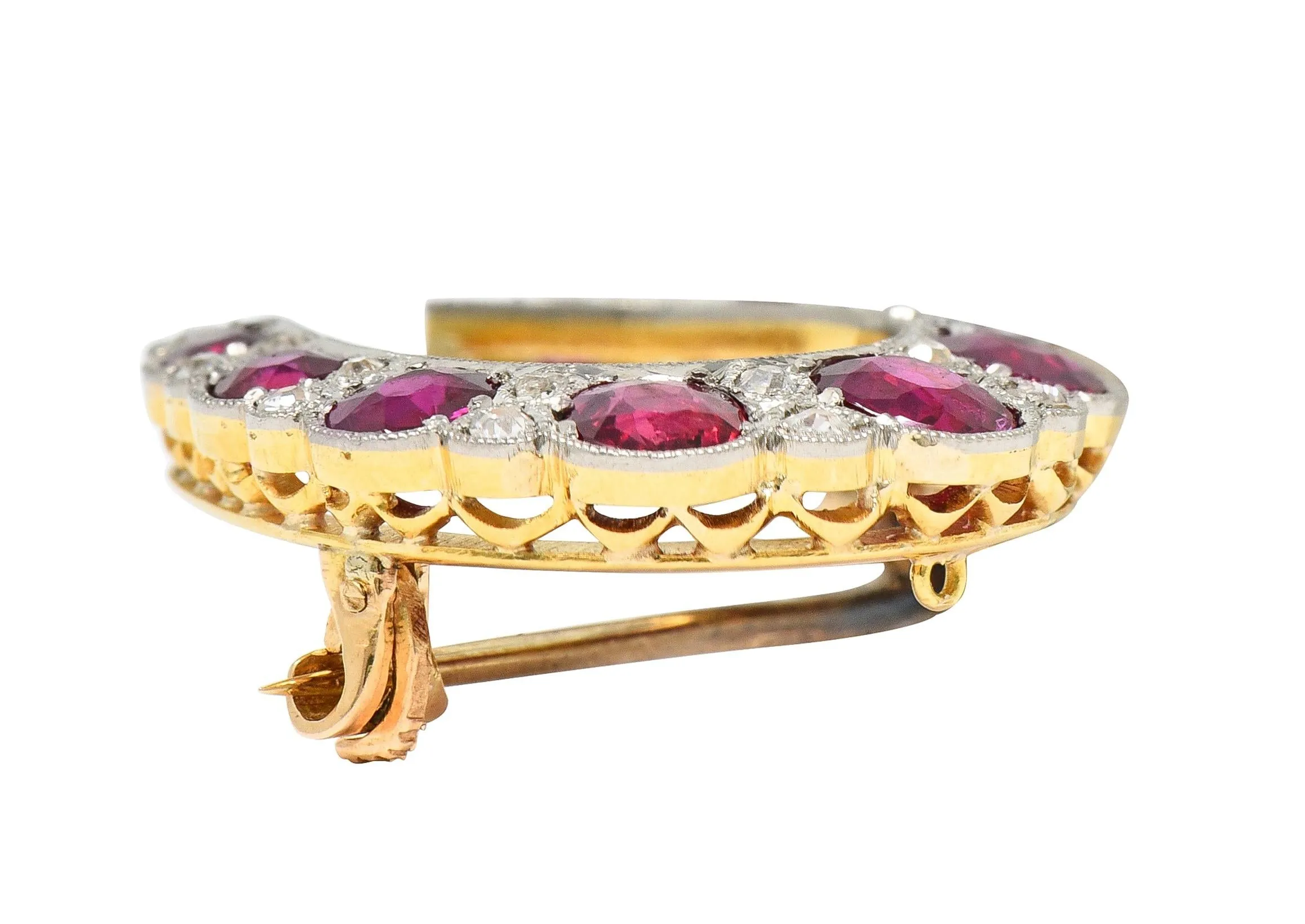 Edwardian 2.66 CTW Ruby Diamond Platinum-Topped 18 Karat Gold Antique Horseshoe Pendant Brooch