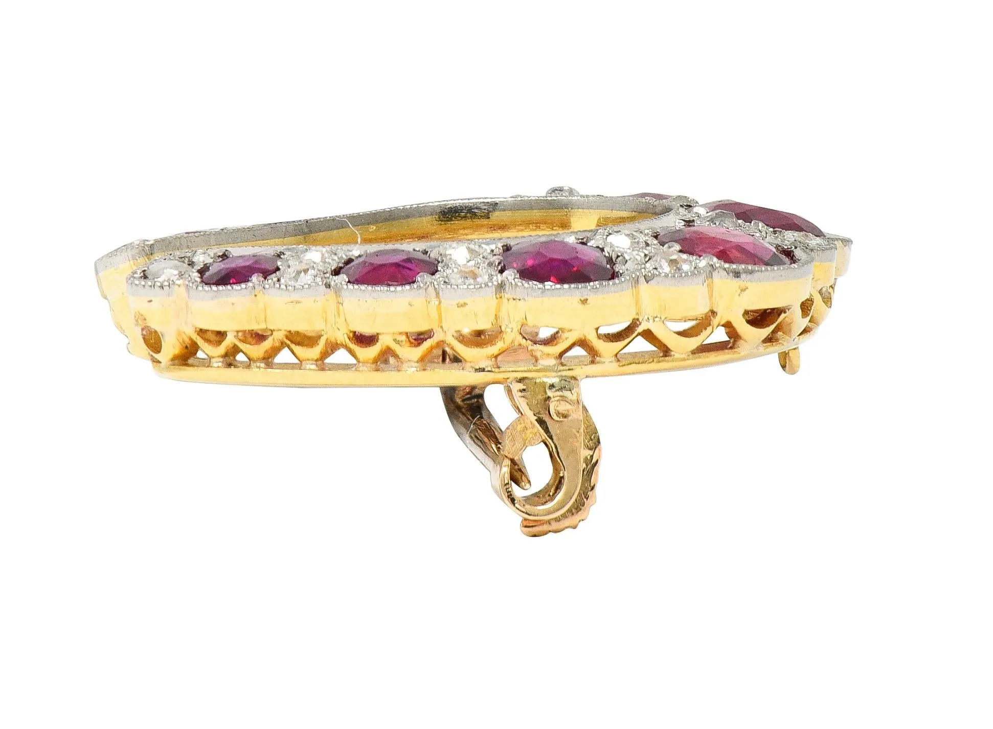 Edwardian 2.66 CTW Ruby Diamond Platinum-Topped 18 Karat Gold Antique Horseshoe Pendant Brooch