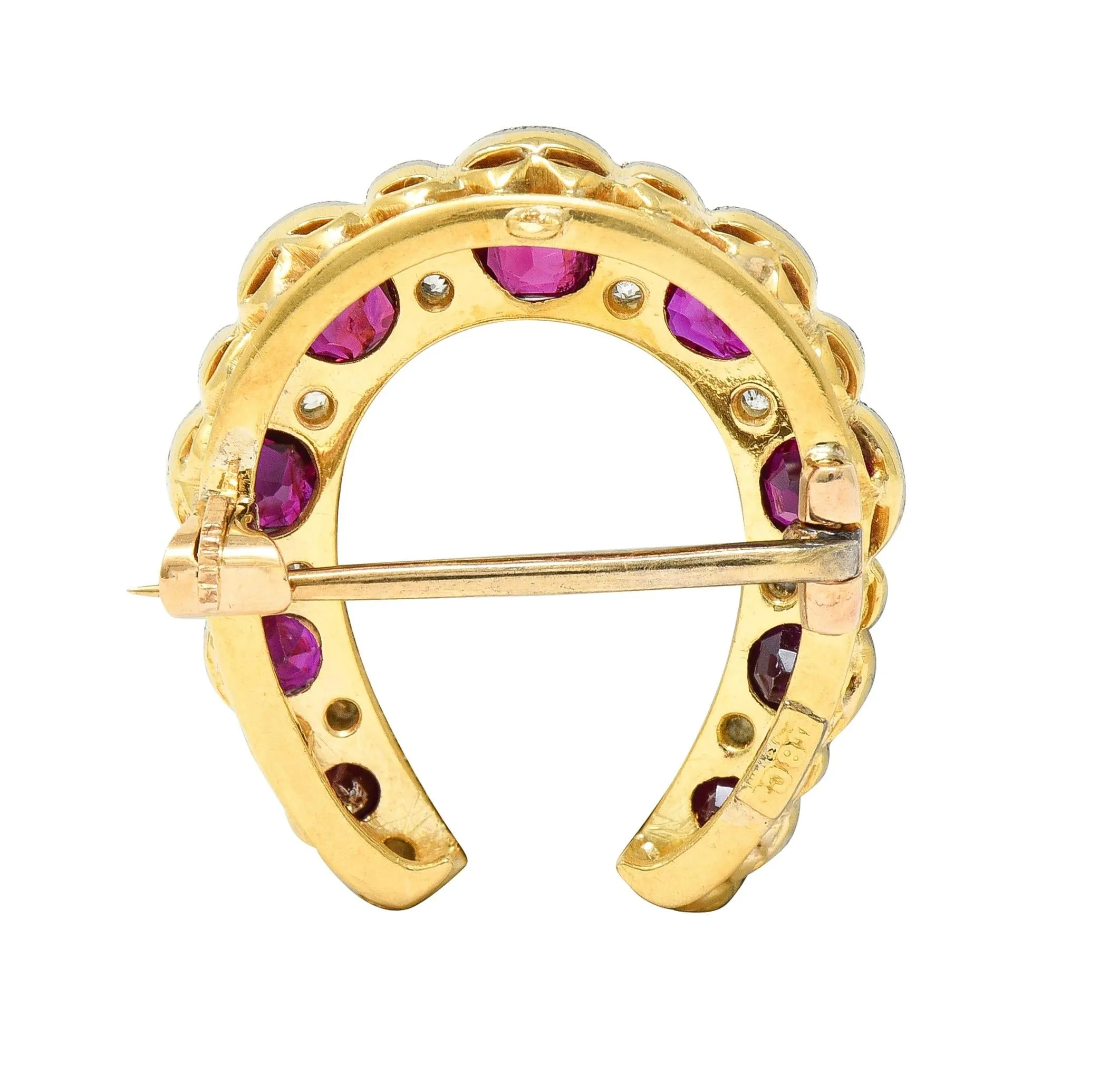 Edwardian 2.66 CTW Ruby Diamond Platinum-Topped 18 Karat Gold Antique Horseshoe Pendant Brooch