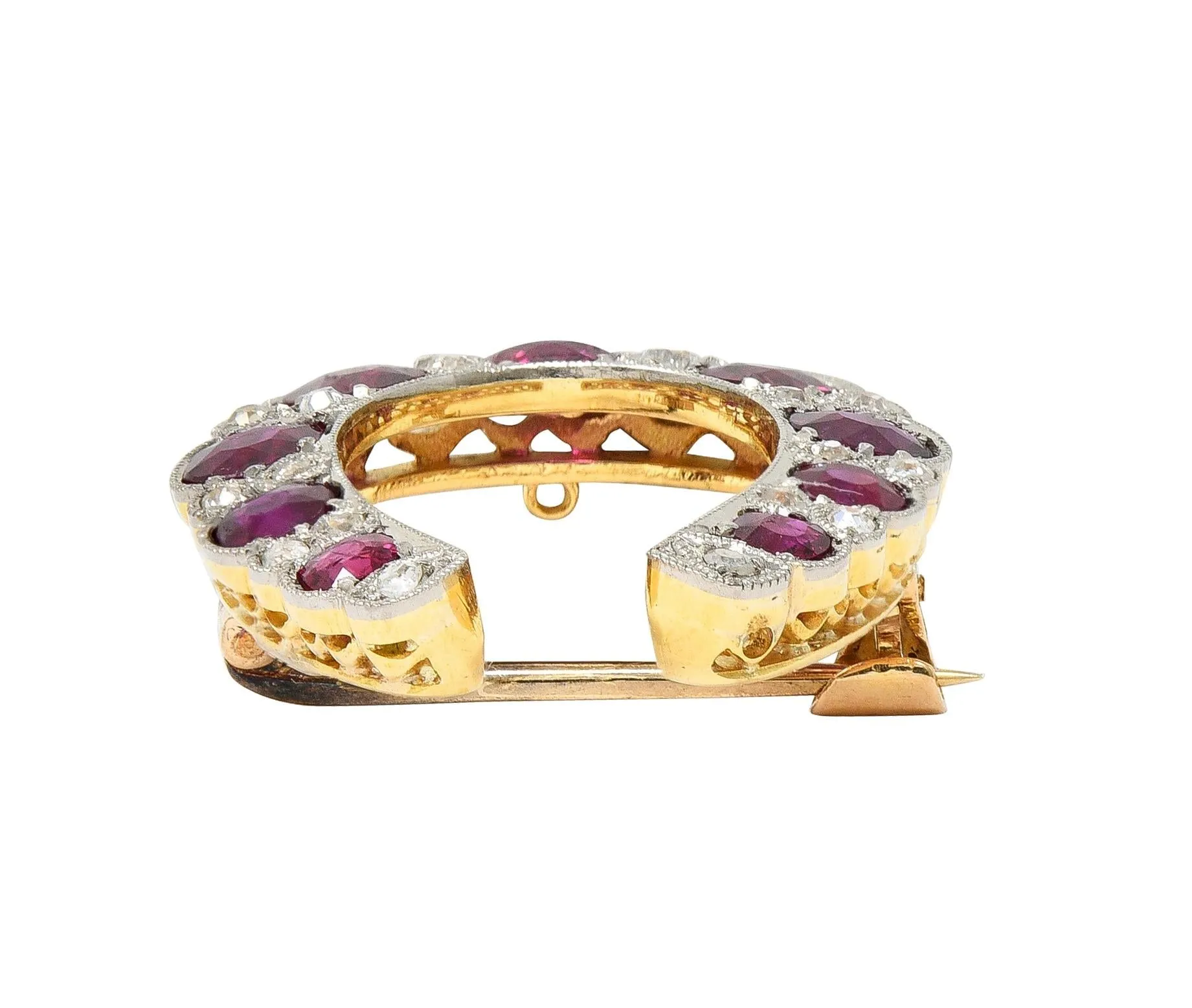 Edwardian 2.66 CTW Ruby Diamond Platinum-Topped 18 Karat Gold Antique Horseshoe Pendant Brooch